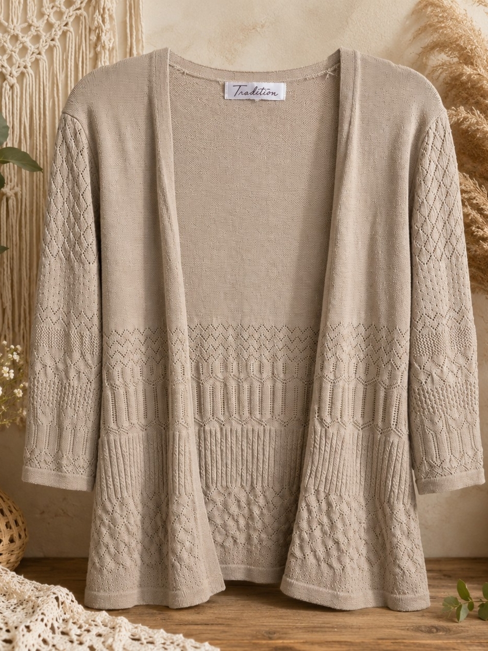 Tradition Oatmeal Pointelle Knit Boho Open Cardigan PTP 21"